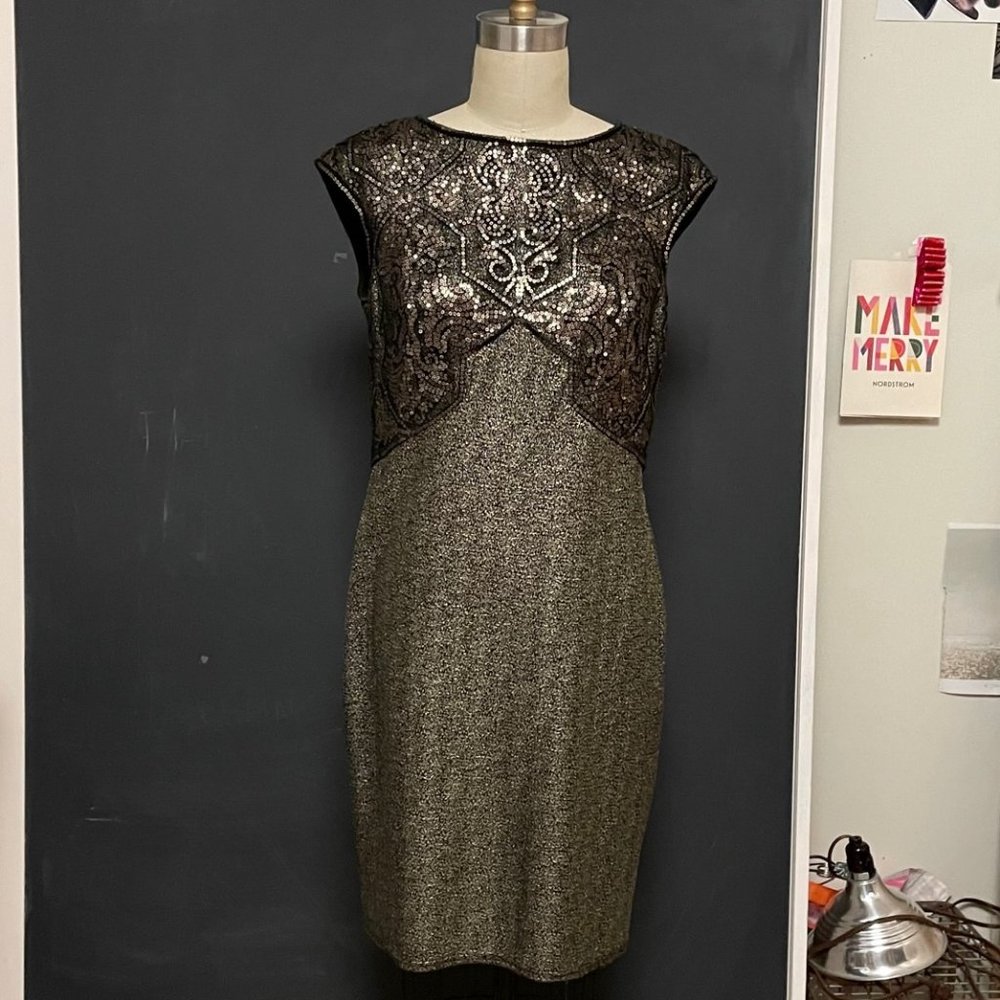 Tadishi Shoji Black and Gold Sheath with Lace and Sequins